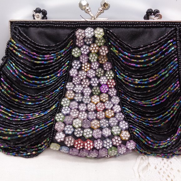 Vintage inspired Black Drape Bead & Flower Bead Evening Bag Purse - Picture 7 of 9